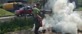 Pracownik firmy z gaśnicą w ręku gasi pożar ogniska 