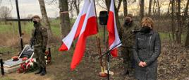 Na zdjęciu z lewej znajduje się tablica upamiętniającą śmierć „Roja” i „Mazura”, która wyglądem przypomina nagrobek. Obok stoi dwóch żołnierzy. W centrum zdjęcia widoczne trzy flagi. Po prawej przy mikrofonie przemawia Anna Żebrowska, Kierownik Delegatury MUW w Ciechanowie. 