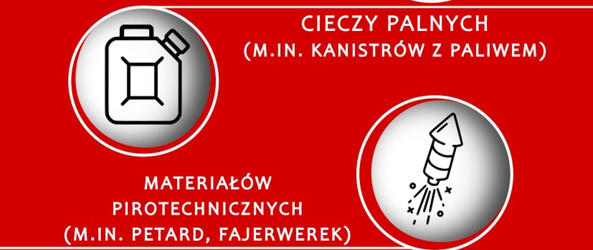 plakat czerwone tło „CZEGO NIE WOLNO PRZECHOWYWAĆ W PIWNICACH ?”