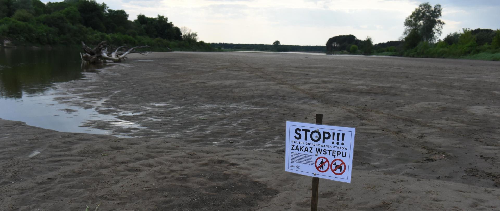 Piaszczysta wyspa, na środku tabliczka na paliku z napisem "Stop. Zakaz wstępu", w tle nadrzeczne zadrzewienia.