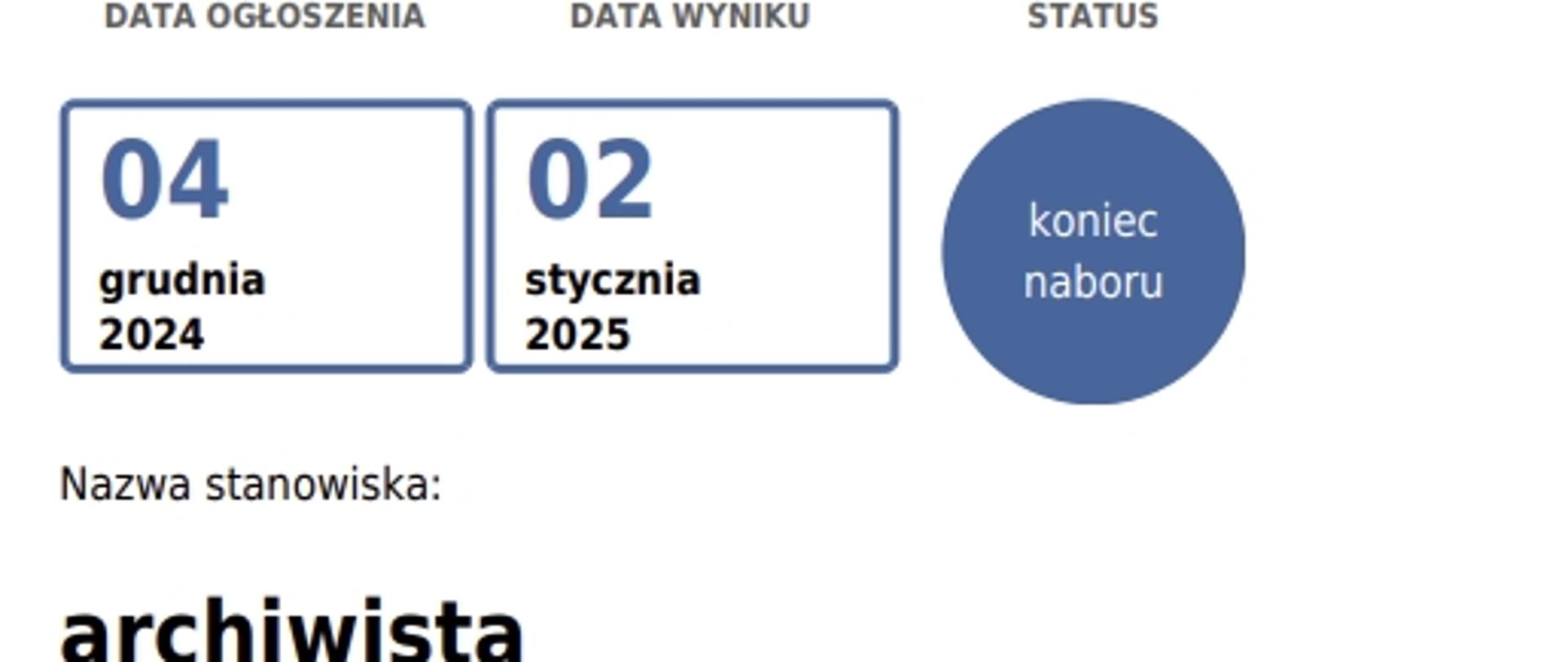 Informacja o wyniku naboru na ogłoszenie 145706 z dnia 04 grudnia 2024 r.
