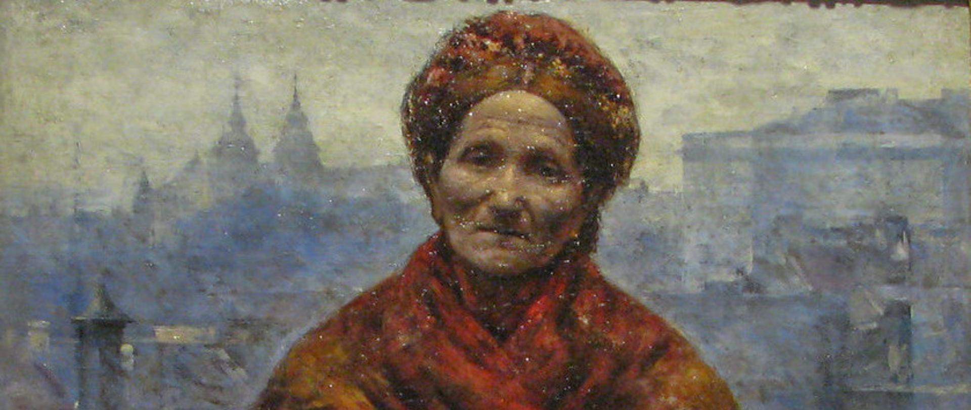 Obraz malarski przedstawiający starszą ubogą kobietę trzymającą dwa kosze, patrzącą prosto na odbiorcę obrazu