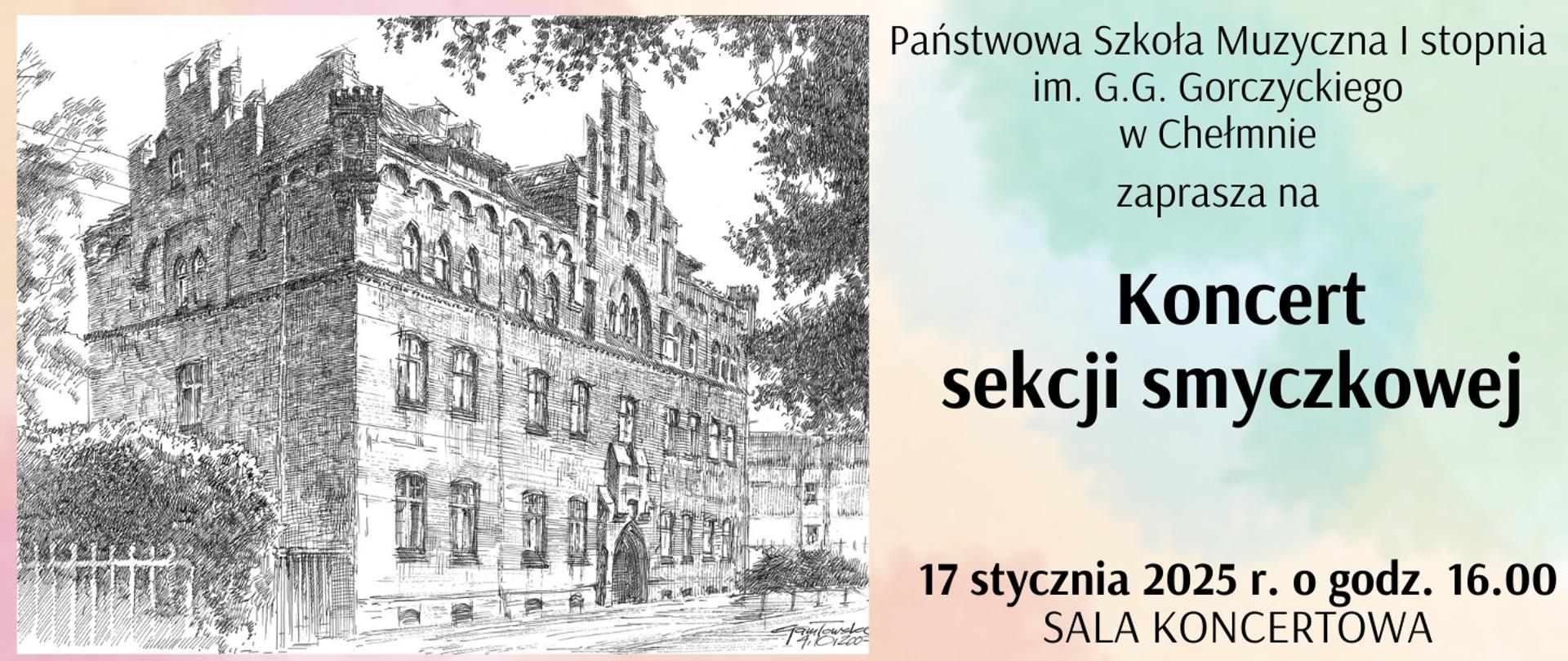 Lewa strona - rycina przedstawiająca budynek szkoły. Prawa strona - informacja o miejscu i czasie koncertu.