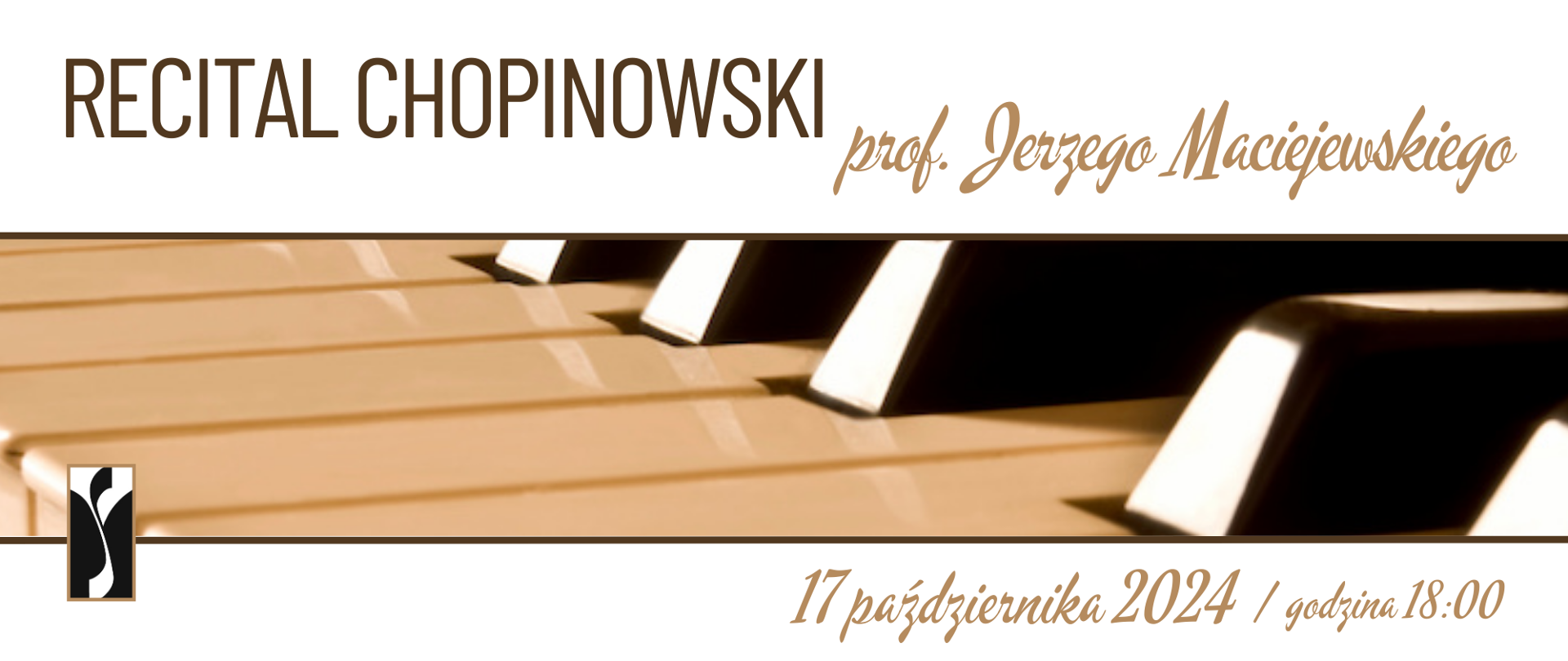 Na białym tle poziomego plakatu w centralnej jego części umieszczone jest wąskie zdjęcie klawiatury fortepianowej widziane z profilu. Od góry nad zdjęciem klawiatury umieszczone są informacje o koncercie - tytuł oraz informacja o wykonawcy. Poniżej zdjęcia - informacja o dacie koncertu W dole po lewej stronie umieszczone jest logo organizatora.