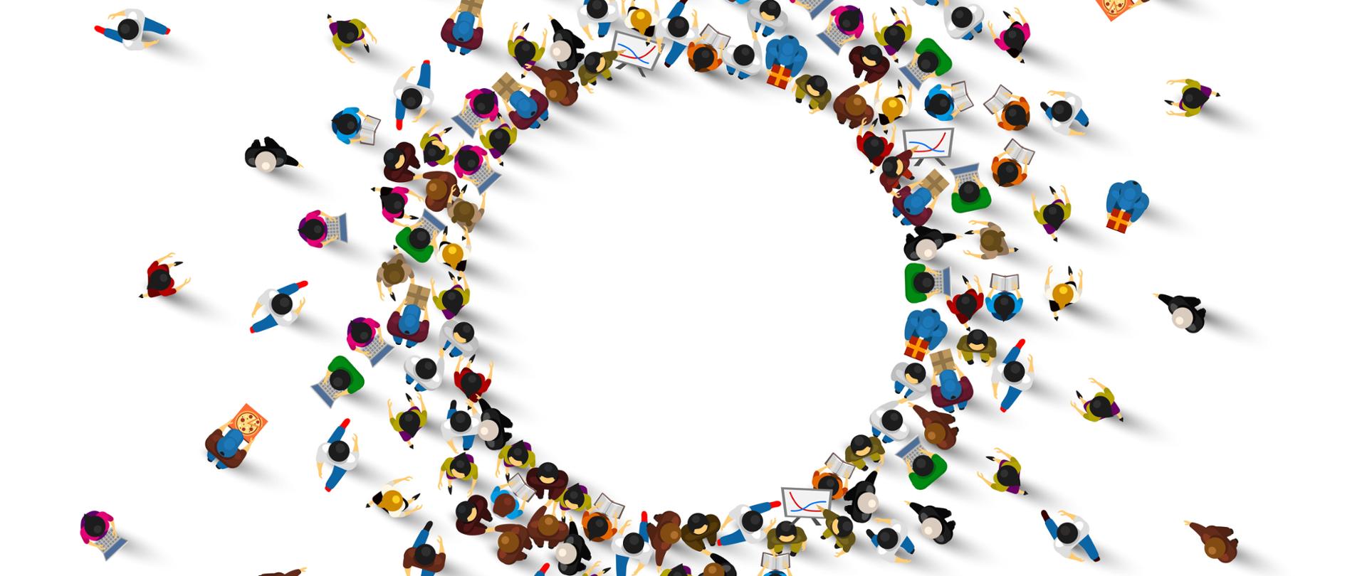 A lot of people stand in a circle on a white background. Vector illustration