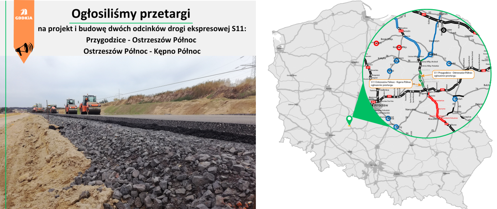 Ikonografika przedstawiająca mapę Polski z zaznaczoną lokalizacją inwestycji S11 Ostrów Kępno oraz zdjęcie poglądowe układania warstw drogi.