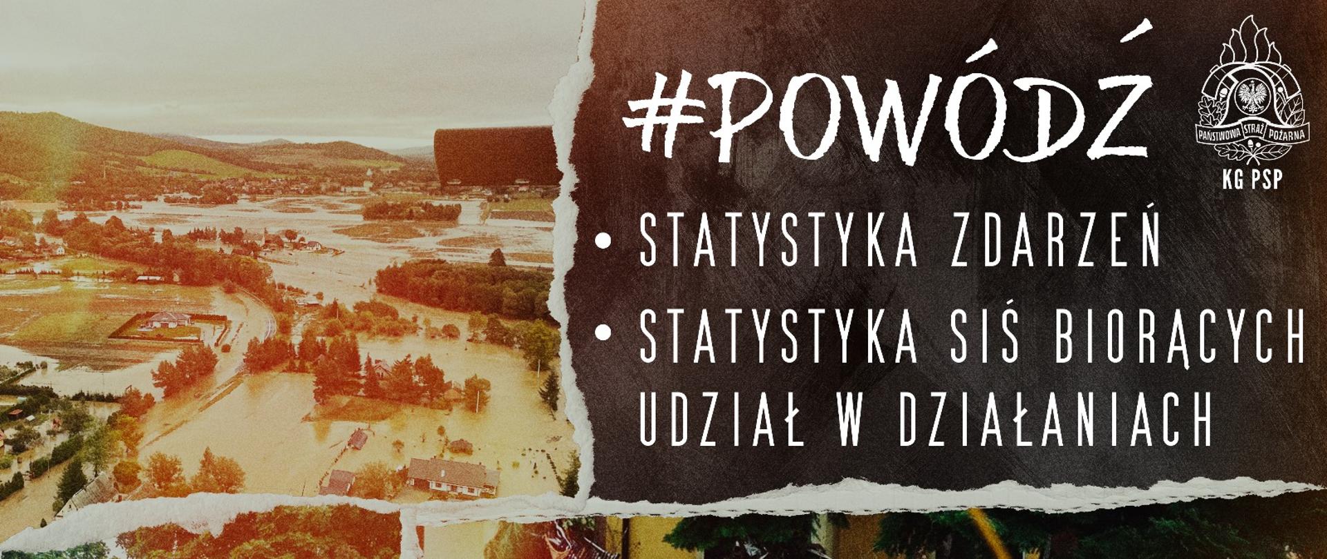 Zdjęcie zalanych terenów i napis POWÓDŹ Statystyka zdarzeń, statystyka SiŚ biorących udział w działaniach