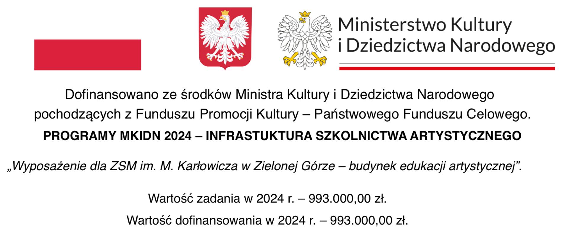 Grafika przedstawiająca dofinansowanie z programu Ministra Kultury i Dziedzictwa Narodowego. Czarny tekst dofinansowania na białym tle, u góry logo Ministerstwa Kultury i dziedzictwa Narodowego.