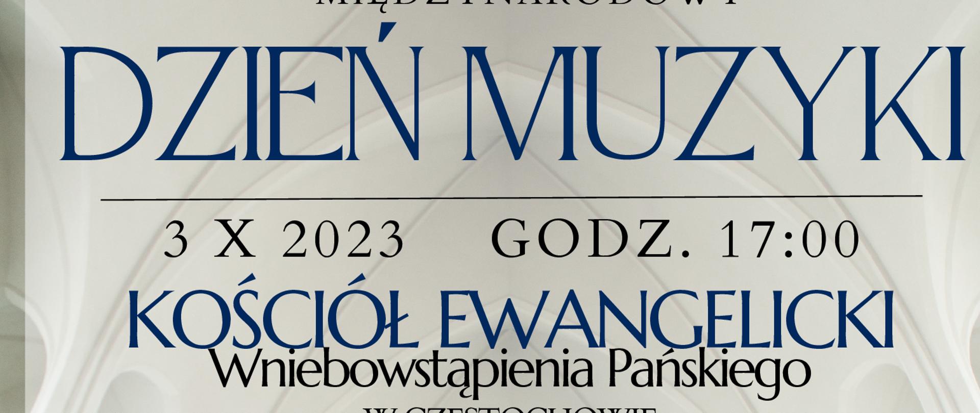 Na tle gotyckiego kościoła program koncertu z wykonawcami. Na dole plakatu logo szkoły