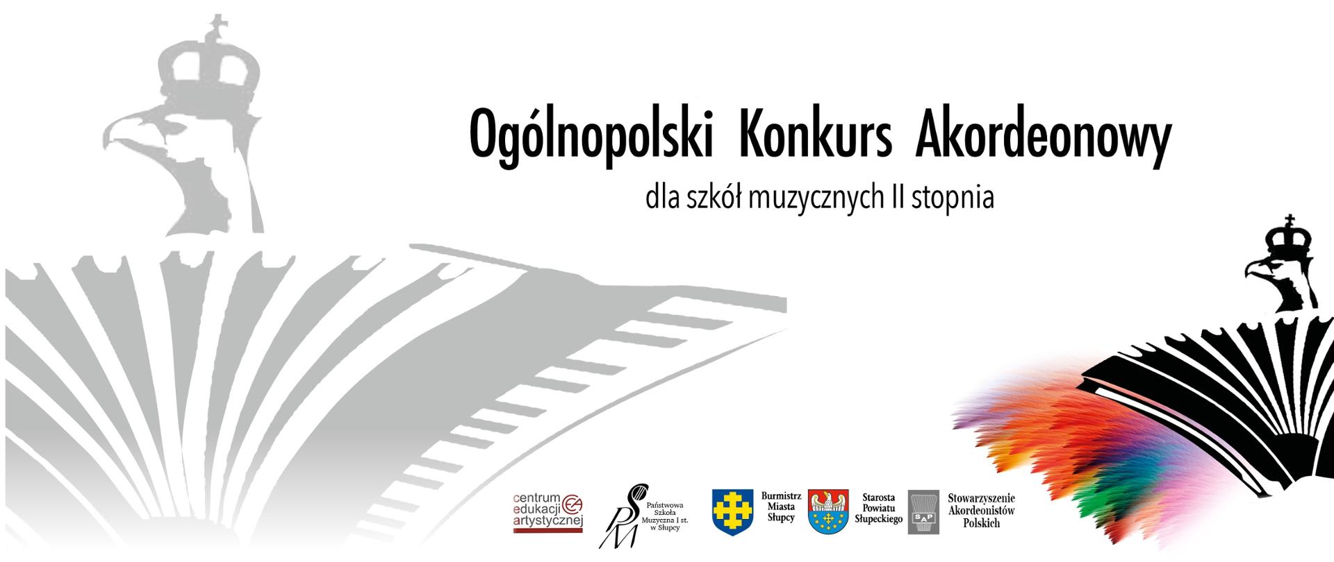 plakat poziomy z informacją o ogólnopolskim konkursie akordeonowym, ikonografia akordeonu zwieńczona głową orła, logo sponsorów, wszystko na białym tle