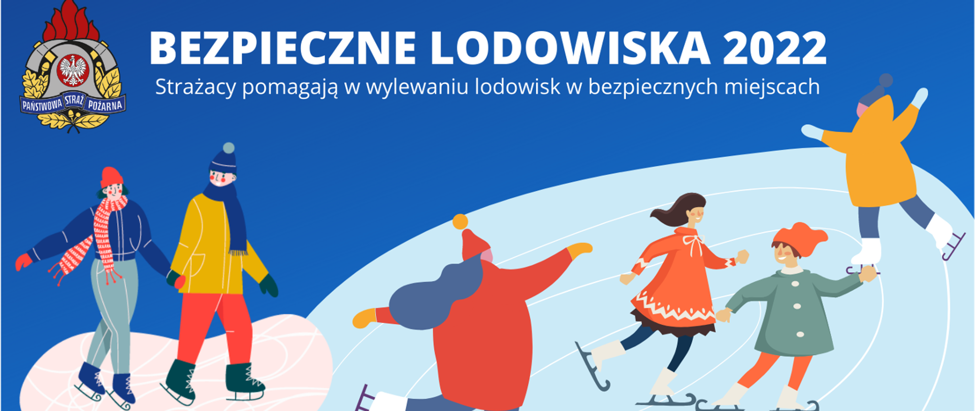 Logo akcji Bezpieczne Lodowiska 2022. Na niebieskim tle rysunku widoczne są dzieci jeżdżące na łyżwach.