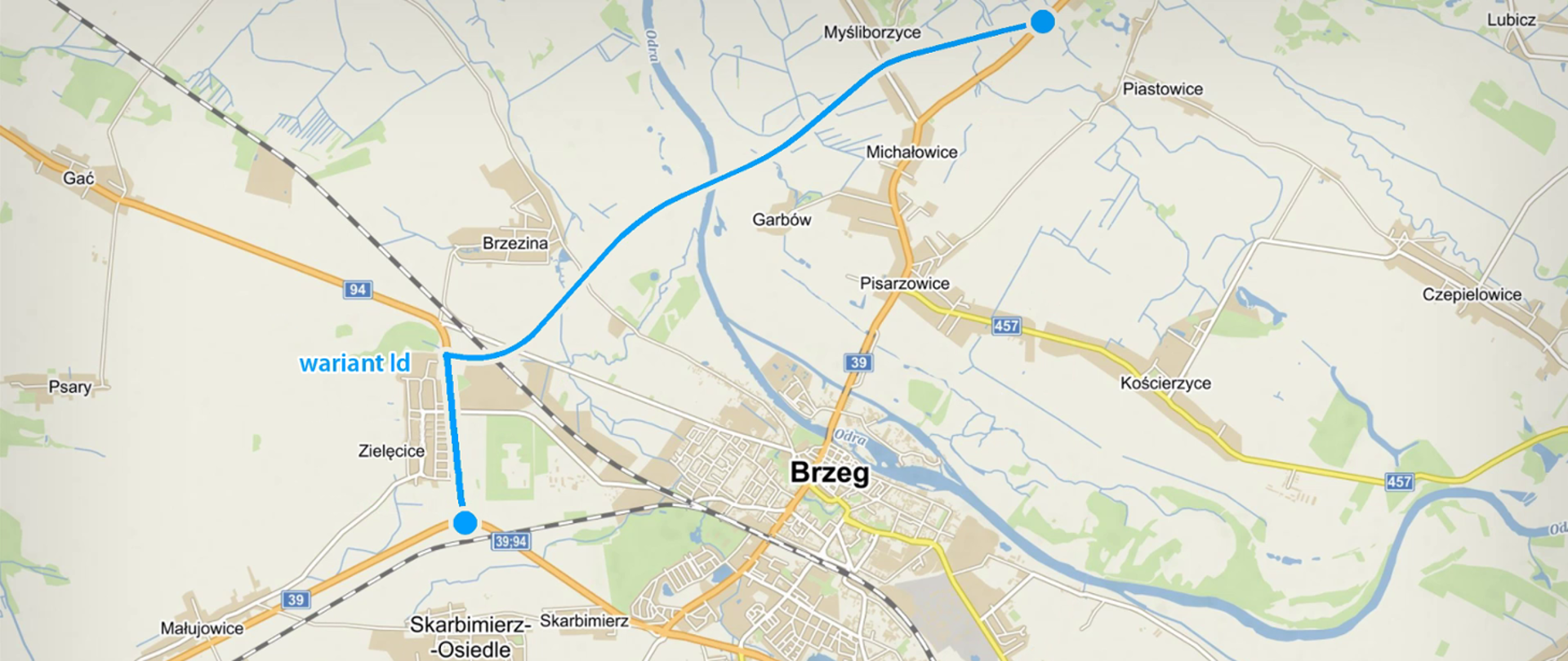 Mapa przedstawiająca przebieg wybranego do dalszych prac wariantu obwodnicy Brzegu