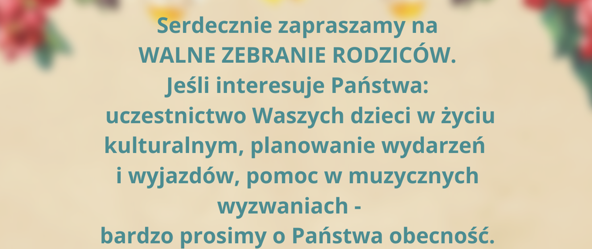 informacja o walnym zebraniu rodziców - napisy na kolorowym tle