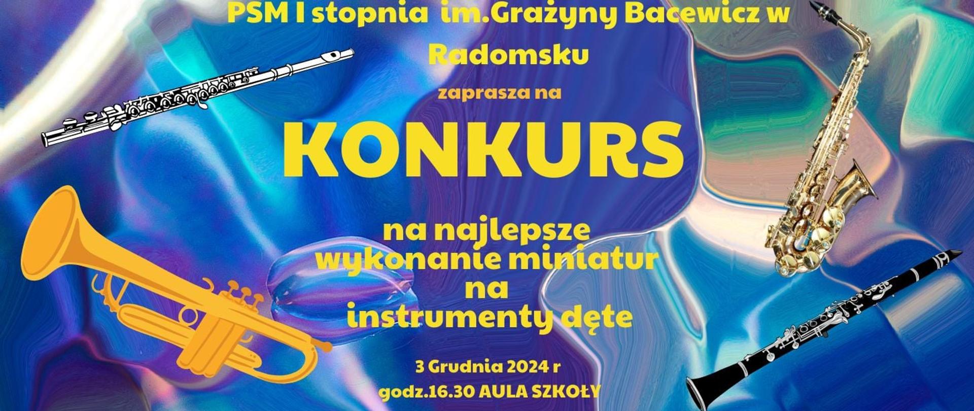 Tło plakatu to nieregularne kształty w kolorach białym, niebieskim, fioletowym, różowym, szarym, grafiki klarnetu, trąbki, saksofonu, fletu i napisy informacyjne w kolorze żółtym.