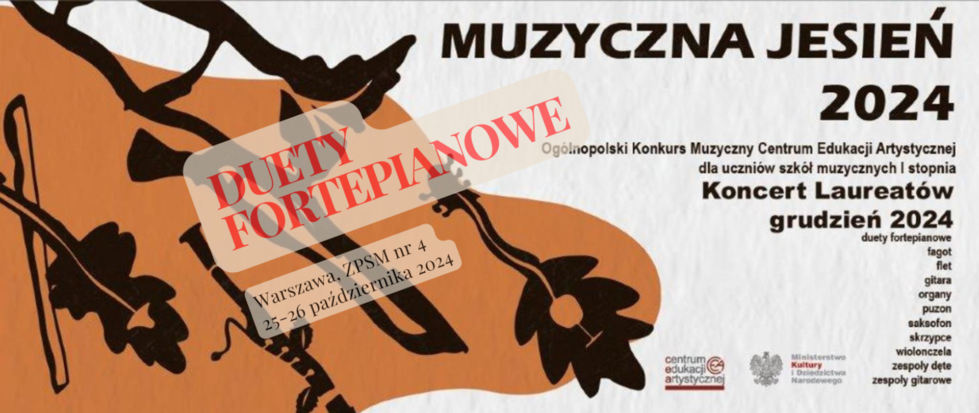 Baner anonsujący konkurs CEA Muzyczna jesień 2024 z polem tekstowym dodanym przy realizacji konkursu duetów fortepianowych, z użyciem grafiki z banera CEA. 