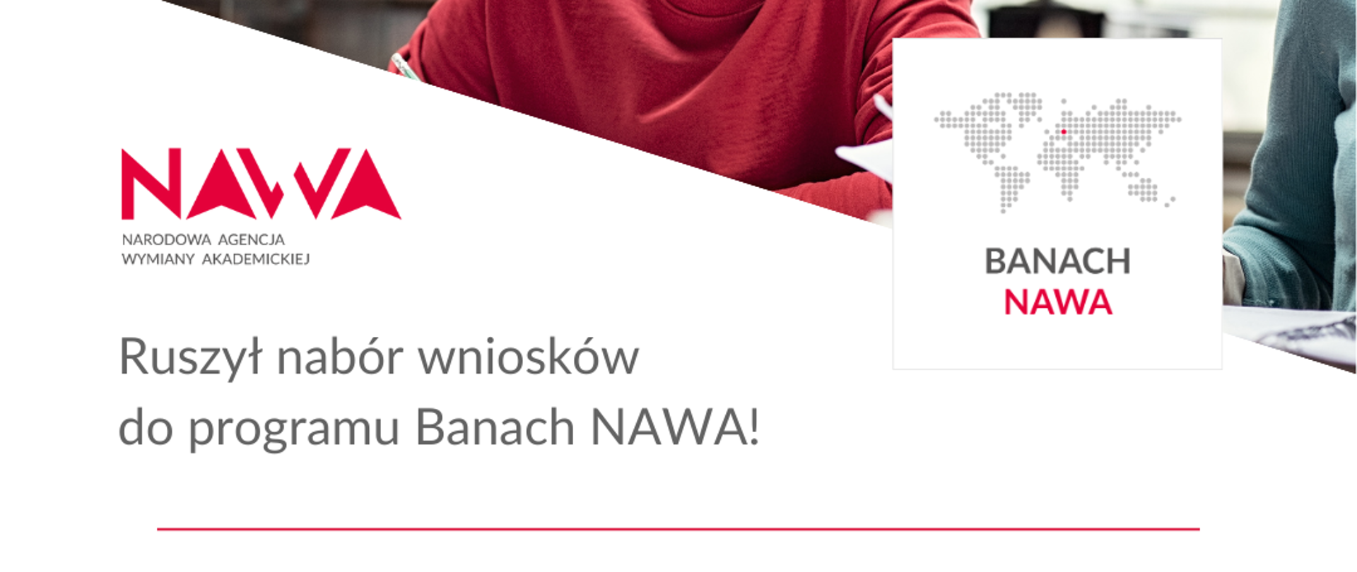 Ulotka reklamująca program Banach NAWA przedstawiająca ciemnoskórego mężczyznę, logotypy NAWA, MNiSW, MSZ i Polskiej pomocy.