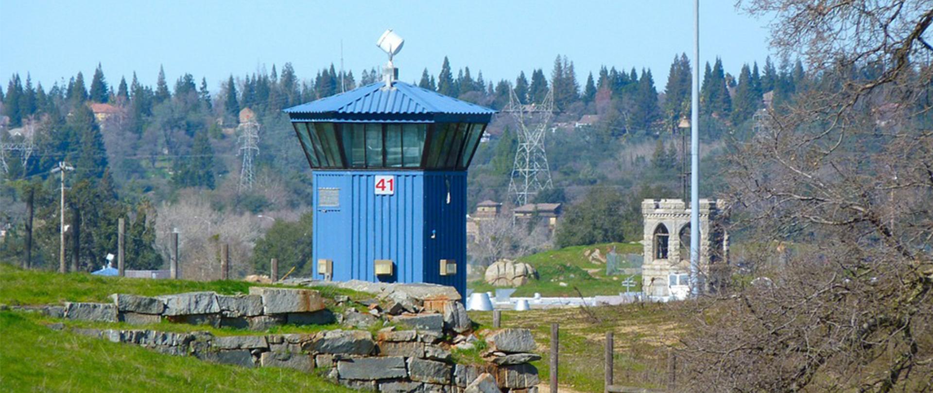 Na zdjęciu: wieża wartownicza na zalesionym terenie 