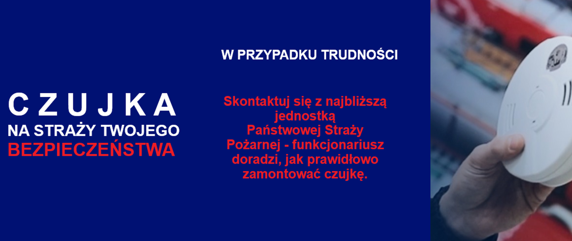 niebieskie tło, baner czujka na straży Twojego bezpieczeństwa 