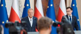 Prime Minister Donald Tusk and Finance Minister Andrzej Domański during a press conference at the Chancellery of the Prime Minister.