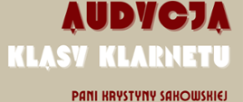 Plakat o treści: Audycja klasy klarnetu Pani Krystyny Sakowskiej – 16 grudnia 2023 r. godzina 12:00 Sala koncertowa Państwowej Szkoły Muzycznej I stopnia w Płońsku