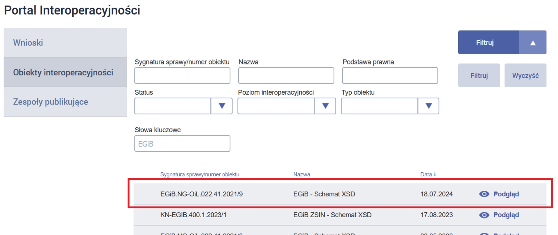 Ilustracja przedstawia zrzut z ekranu serwisu epuap.gov.pl zakładka Portal Interoperacyjności, skąd moźna pobrać schematy aplikacyjne xsd.