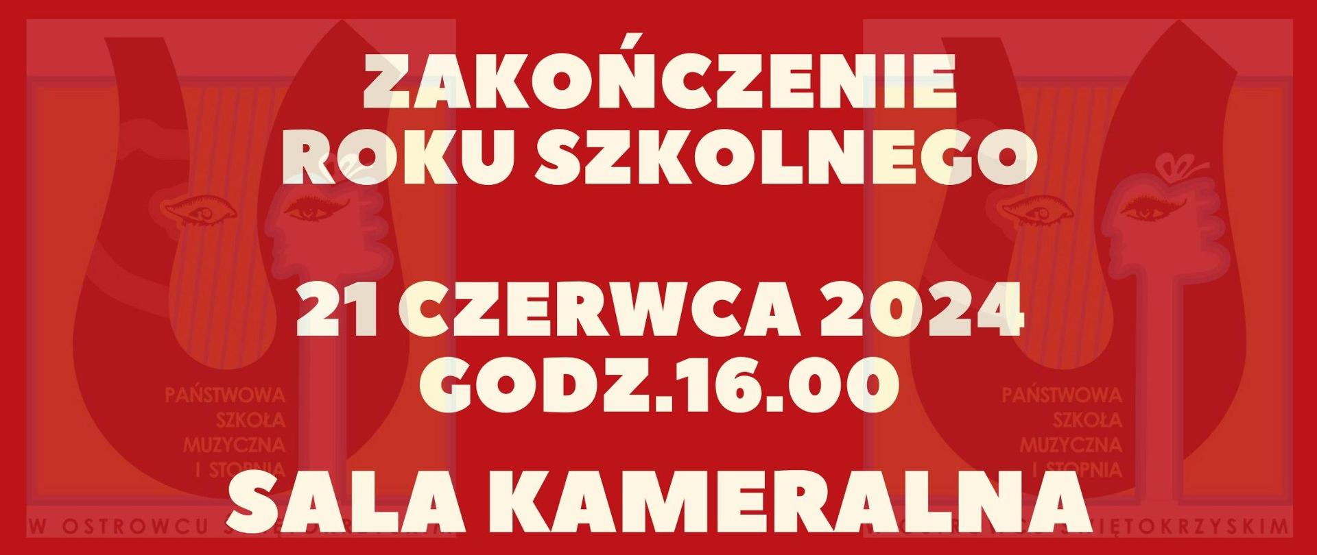 napis w kolorze białym na czerwonym tle, w tle logo szkoły