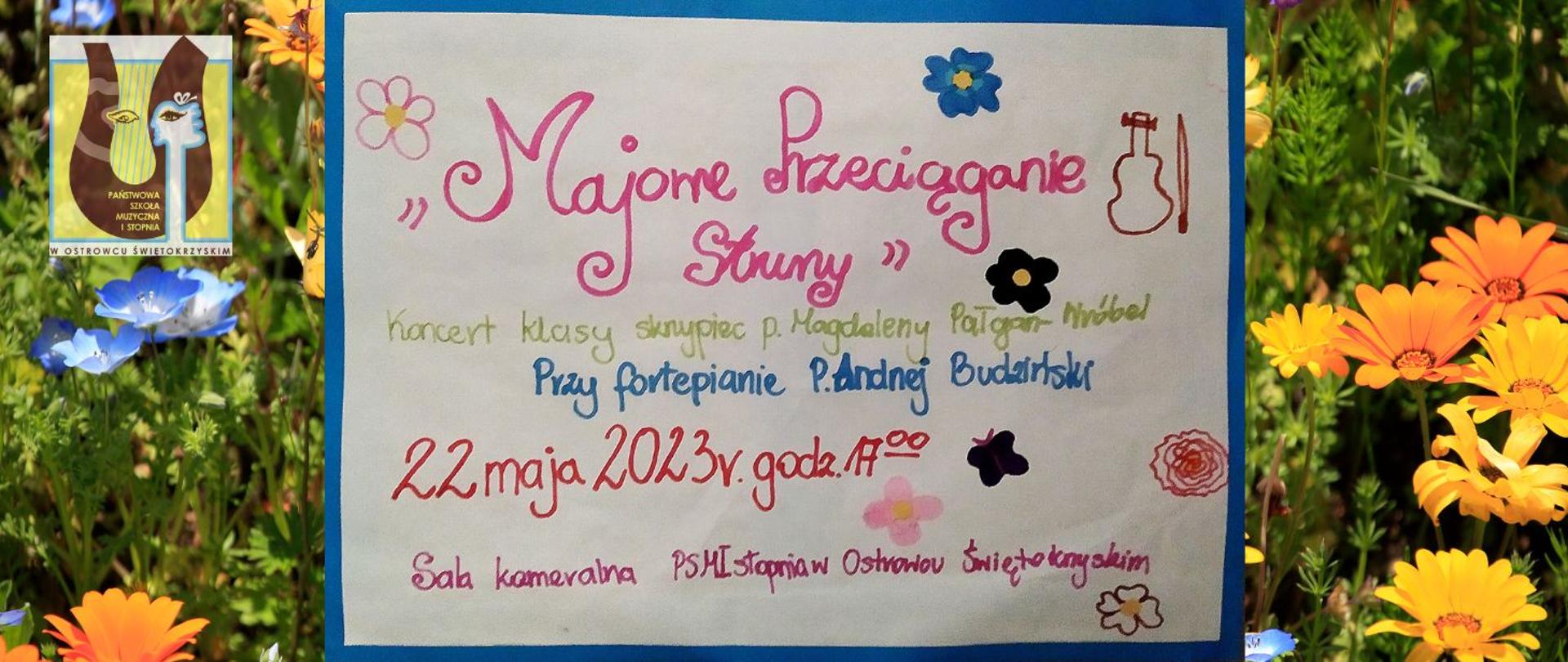 plakat z napisami o koncercie na tle kolorowej łąki w kolorach żółto-zielonych, z logo szkoły muzycznej w prawym górnym rogu