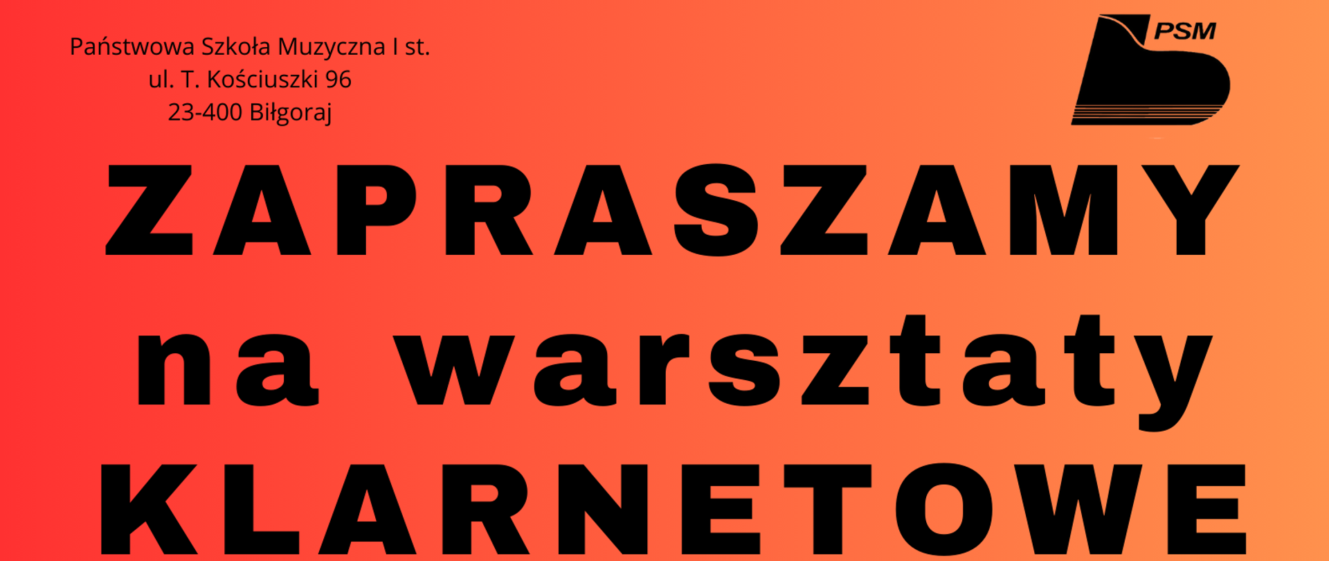 Czerwono-pomarańczowe tło, z czarnymi napisami, na środku zdjęcie mężczyzny siedzącego na widowni i trzymającego klarnet