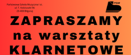 Czerwono-pomarańczowe tło, z czarnymi napisami w prawym górnym rogu logo szkoły.