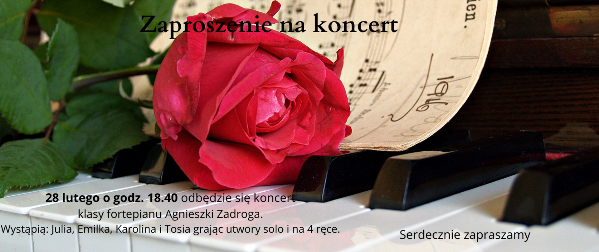Zdjęcie w tle przedstawiające klawiaturę fortepianu, na której leży czerwona róża i nuty Rapsodii. Litery są czarne umieszczone w dolnej części klawiatury pod różą.