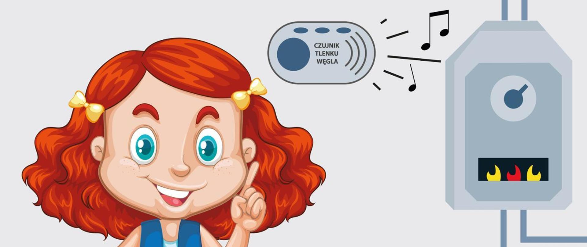 Grafika. Rudowłosa dziewczynka z kokardkami we włosach wskazująca na czujkę tlenku węgla. Obok widoczny piecyk gazowy
