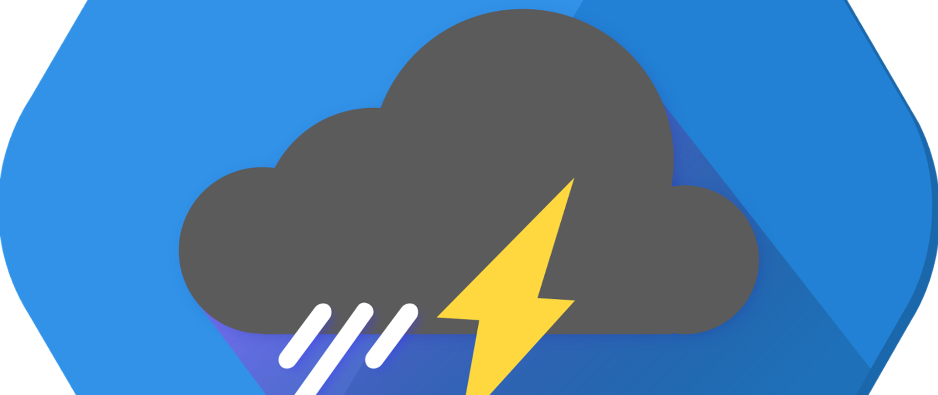 Grafika, która przedstawia ciemną chmurę z piorunem oraz kroplami deszczu. Tło jest w odcieniach niebieskiego. Grafika obrazuje burzę.