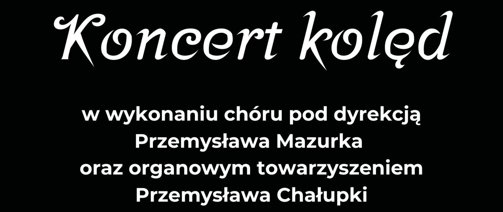 Plakat informujący o koncercie kolęd, czarne tło, białe napisy. W prawym dolnym rogu Maryja z Jezusem oraz anioły grające na instrumentach, w lewym dolnym roku logotyp PSM oraz Parafii św. Bonifacego w Zgorzelcu.