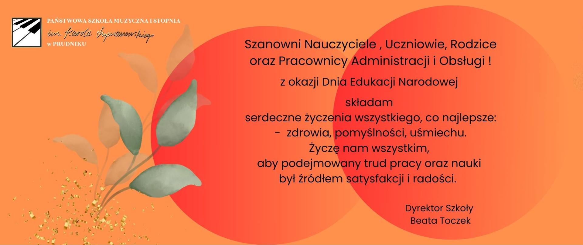 Na pomarańczowym tle napisy z życzeniami z okazji Dnia Edukacji Narodowej. W górnym lewym rogu logo szkoły.