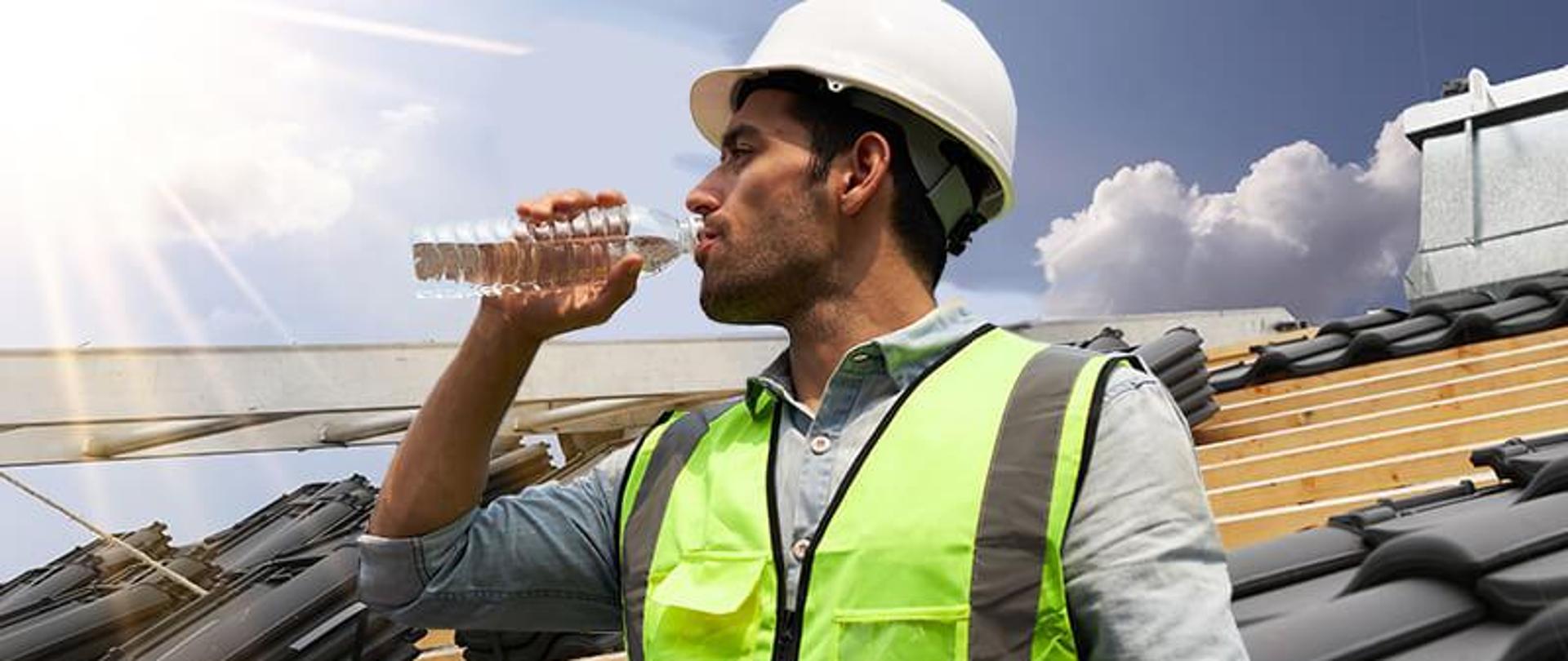 Pracownik budowlany pijący wodę z butelki w czasie upału.