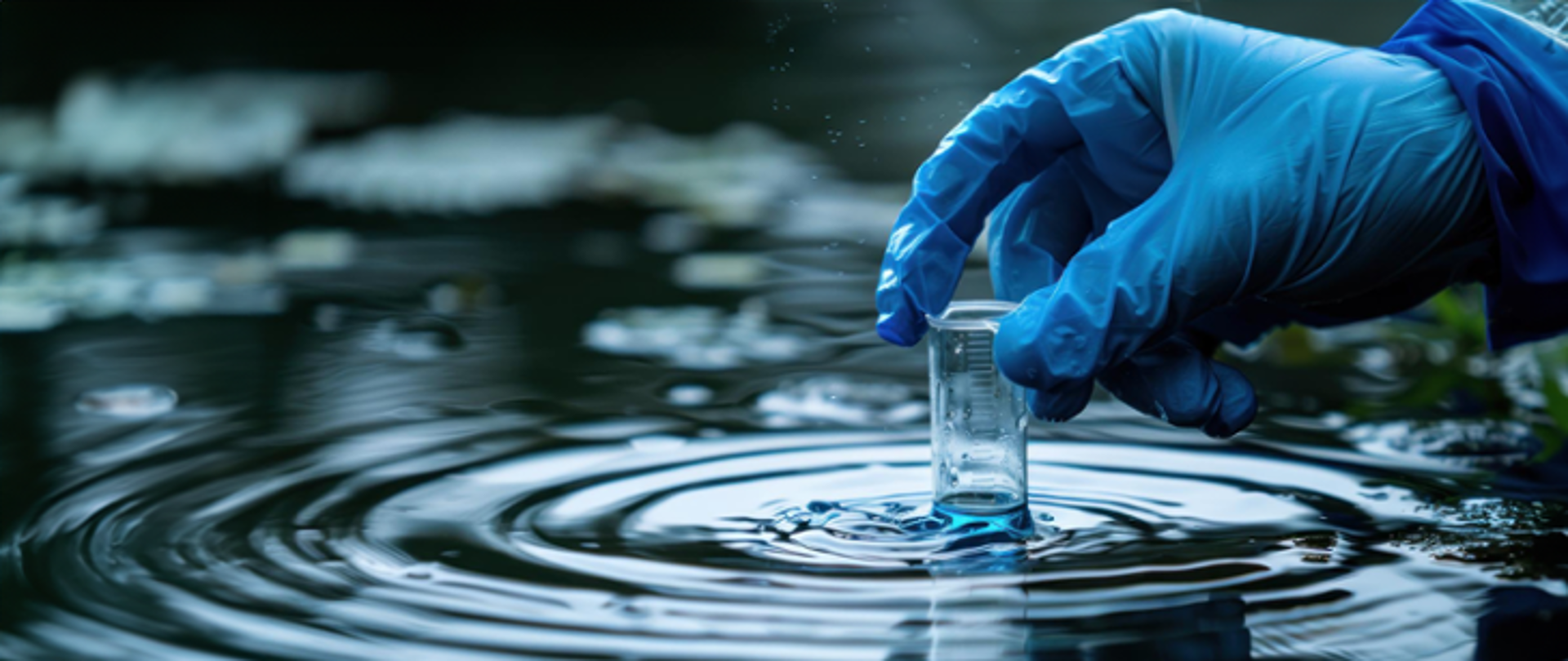 Na fotografii zbiornik wodny po prawej stronie ręka w rękawiczce jednorazowej trzymająca naczynie laboratoryjne do poboru próbki wody