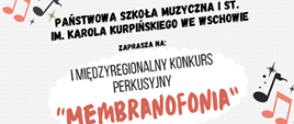 Nazwa organizatora oraz tytuł konkursu. W narożnikach rysunki nuty.