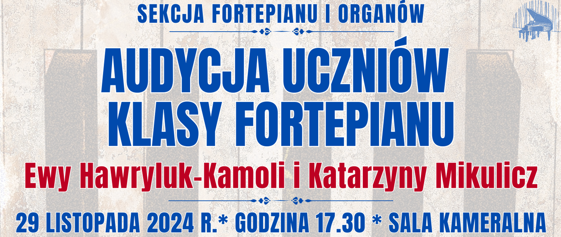 baner z półprzezroczystą klawiaturą fortepianu oraz informacja o audycji klasy fortepianu