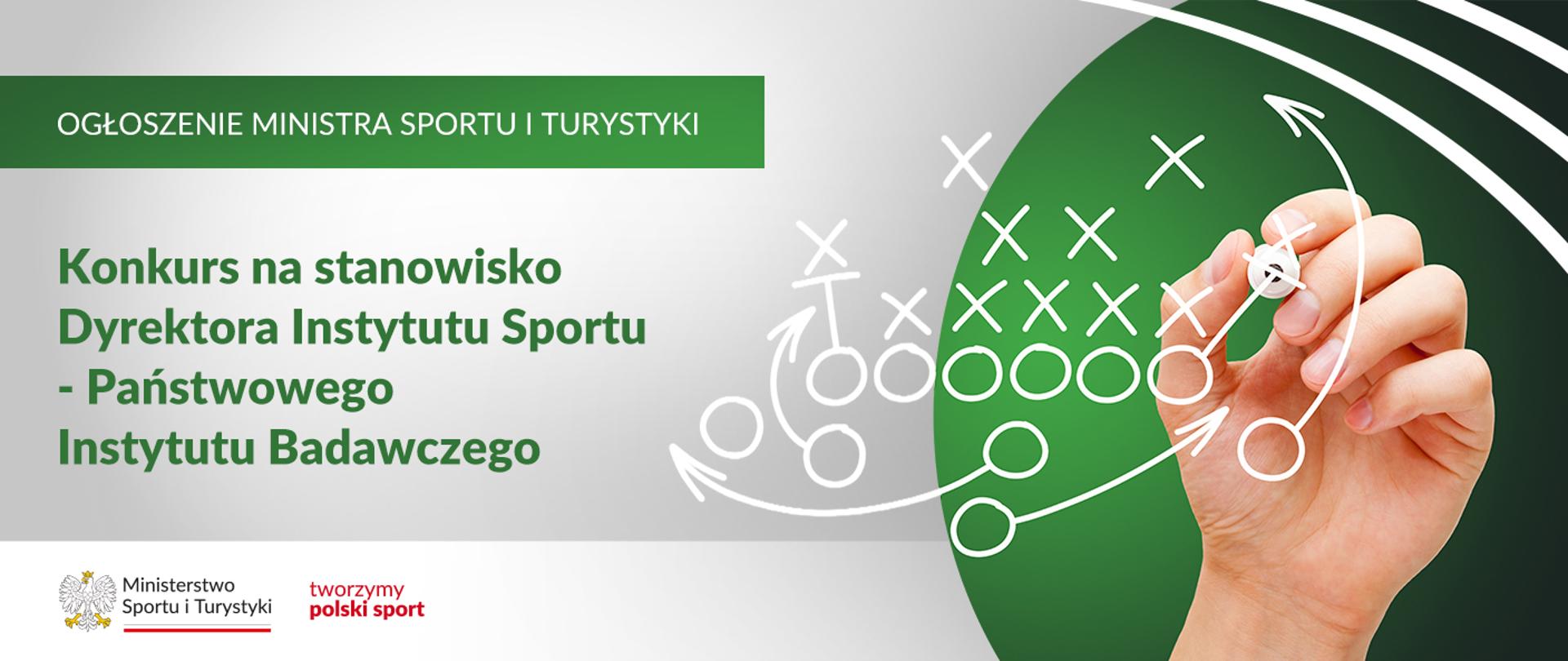 Grafika. Z lewej strony napisy jeden pod drugim: (1) na zielonym pasku dużymi białymi literami: "OGŁOSZENIE MINISTRA SPORTU I TURYSTYKI"; (2) na jasnym tle zielonymi literami: "Konkurs na stanowisko Dyrektora Instytutu Sportu – Państwowego Instytutu Badawczego". Na dole na białym pasku logotypy MSiT i tworzymy polski sport. Z prawej strony na zielonym tle dłoń trzymająca w ręku ścieralny mazak pisząca playbook.