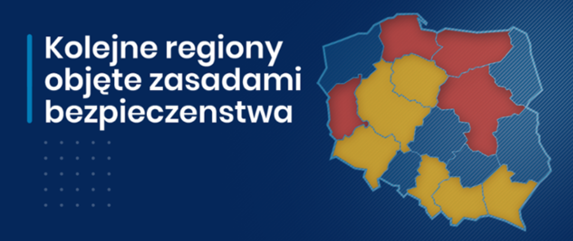 Baner z napisem "kolejne regiony objęte zasadami bezpieczenstwa" po prawej stronie widnieje mapa polski.