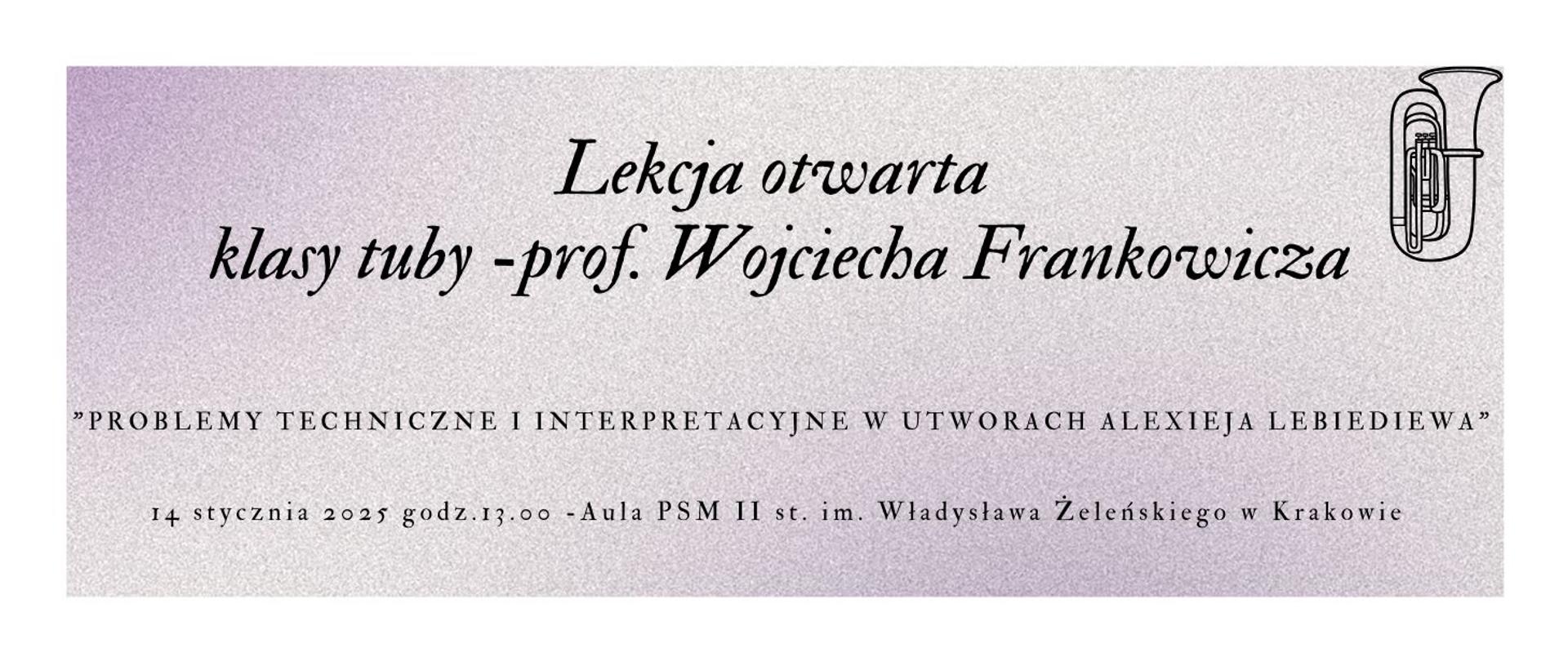 Lekcja otwarta klasy tuby 14.01.2025 godz.13.00 na liliowym tle grafika tuba