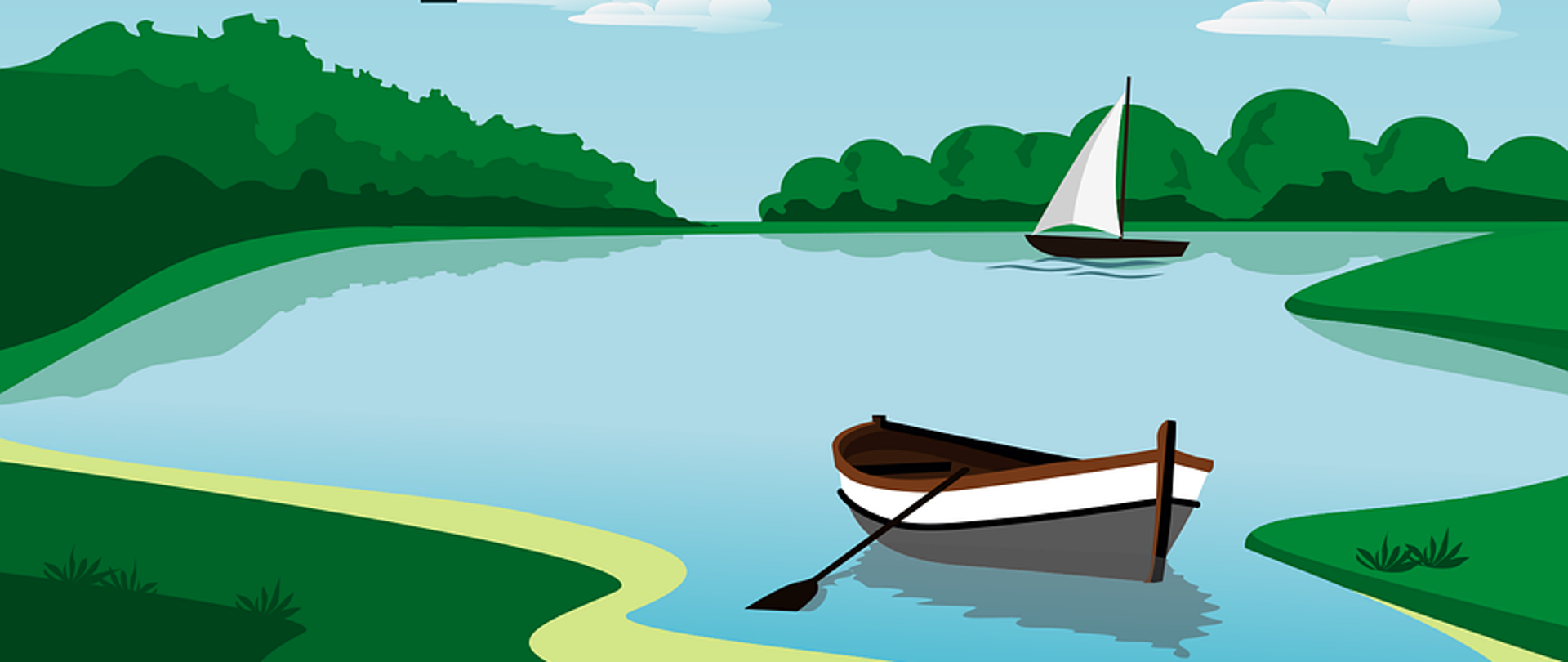 Zdjęcie przedstawia jezioro, po którym dryfuje łódka oraz żaglówka.