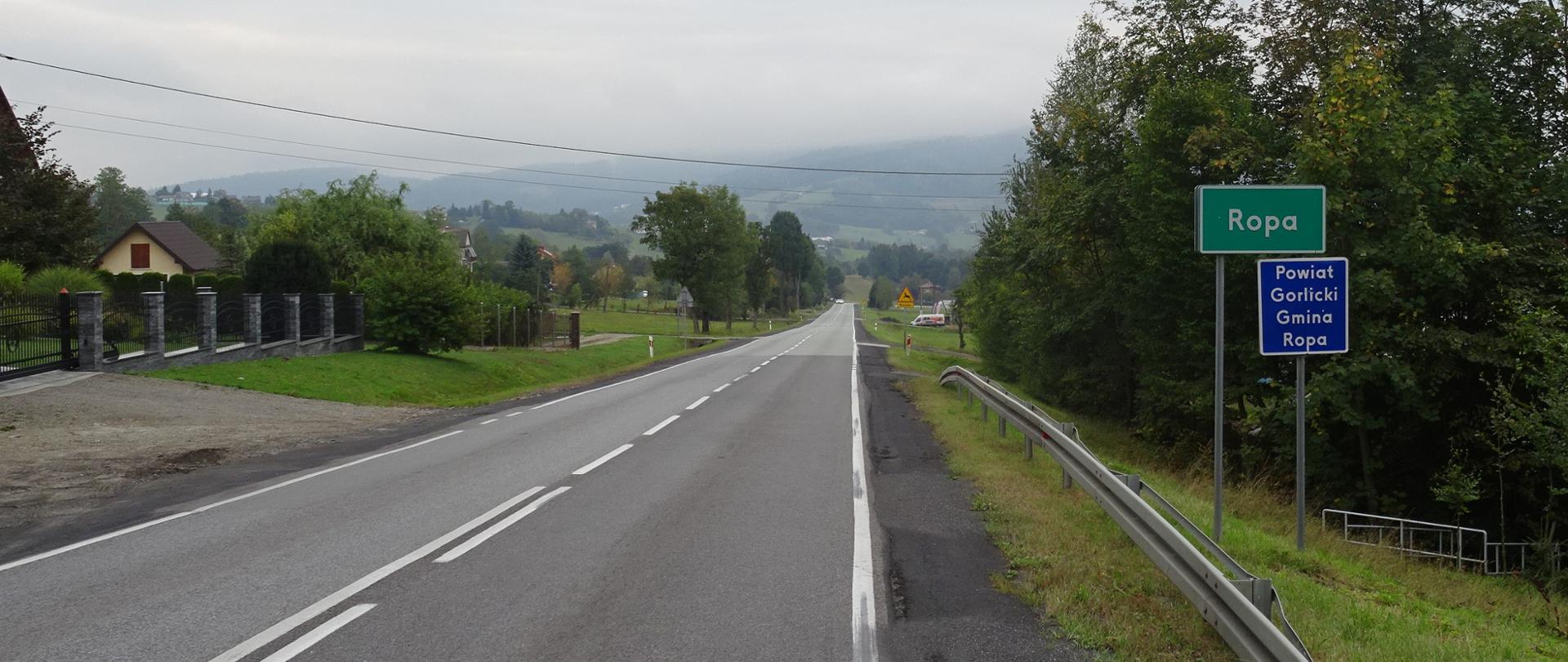 Zdjęcie drogi krajowej nr 28. Droga jest jednopasmowa, po jednym pasie ruchu w każdym kierunku, z poboczem, bez chodnika. Po prawej stronie widoczny znak z miejscowością i z nazwą powiatu. 