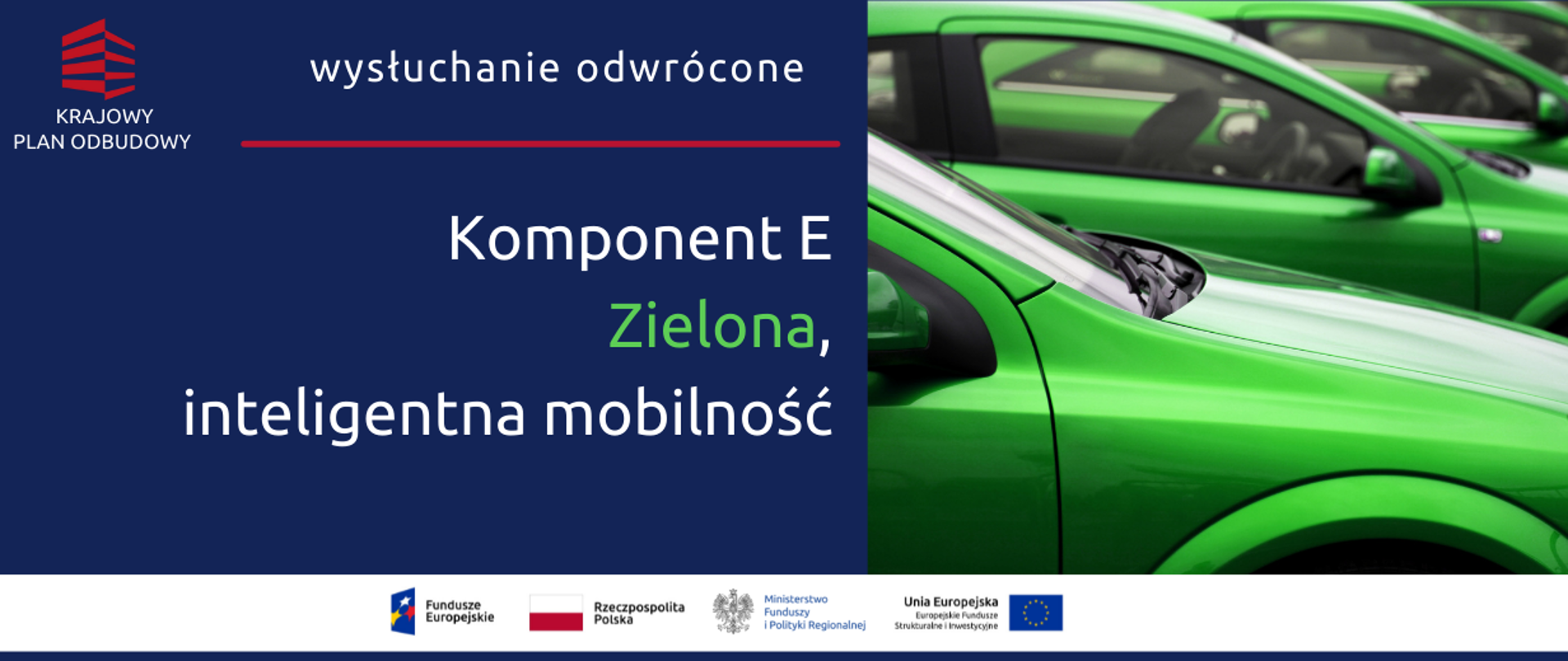 Na grafice napis: "Wysłuchanie odwrócone KPO Komponent E - Zielona, inteligentna mobilność oraz zdjęcie zielonych samochodów