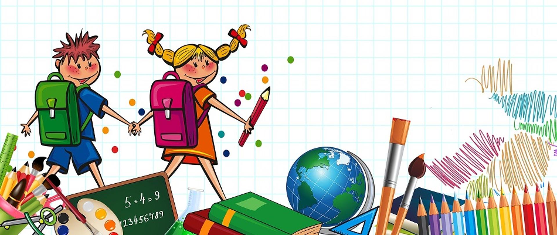 grafika przedstawiająca dwoje uczniów, dziewczynkę i chłopca z tornistrami na plecach, idących za rękę do szkoły. Są na tle kartki w kratkę, a na dole umieszczone są kredki, cyrkiel, tablica, książki, pędzle, globus 