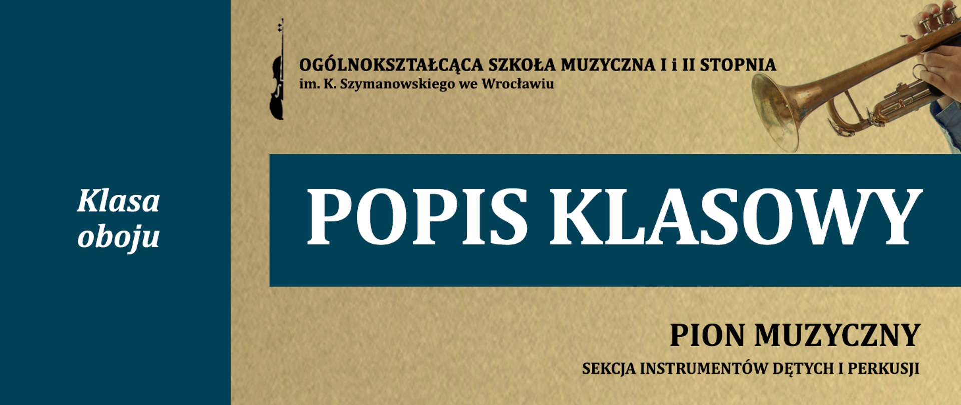 grafika w kolorze piaskowo-granatowym zawiera logo szkoły i napis "popis klasowy", "Klasa oboju" oraz napis "pion muzyczny"