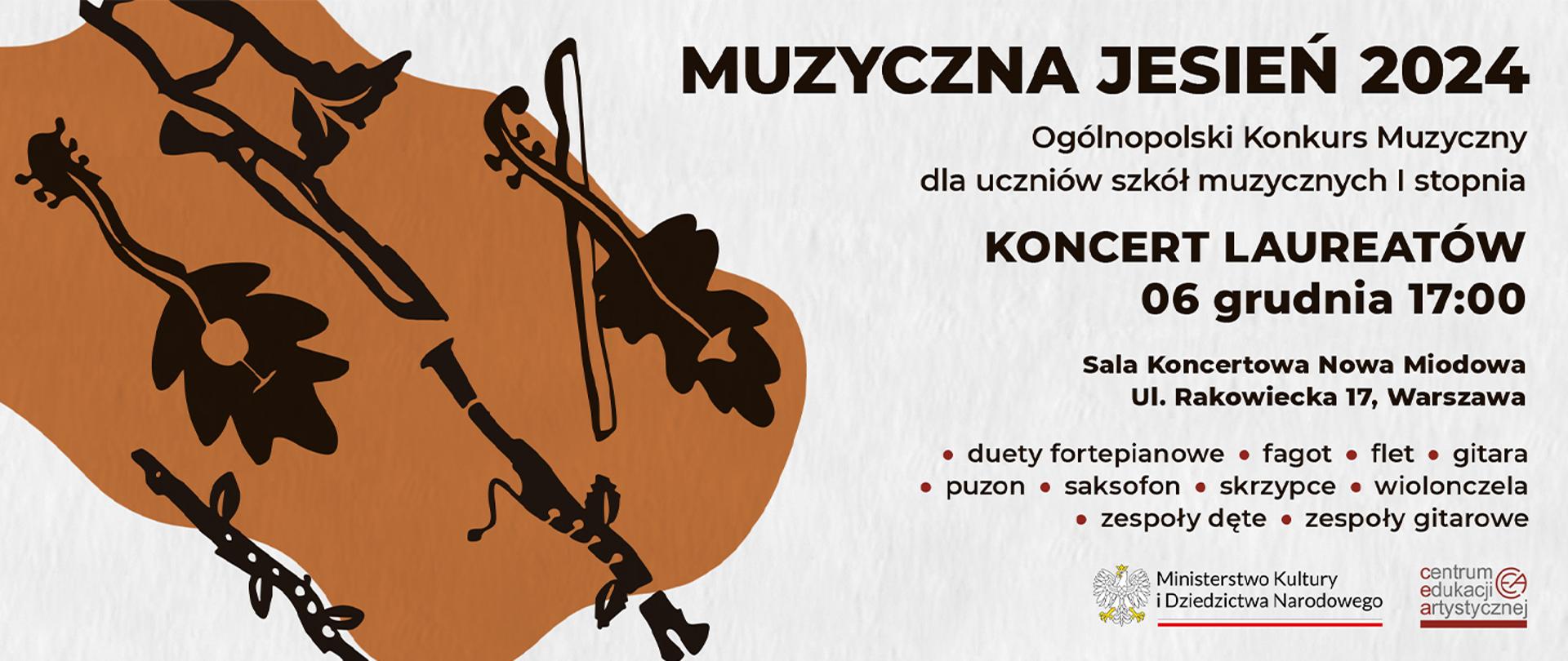 Grafika brązowo-szara z logotypami CEA i MKIDN na dole z i ikonami instrumentów muzycznych oraz tekstem "Ogólnopolski Konkurs Muzyczny CEA „Muzyczna Jesień 2024 dla uczniów szkół muzycznych I stopnia" i informacją o koncercie laureatów