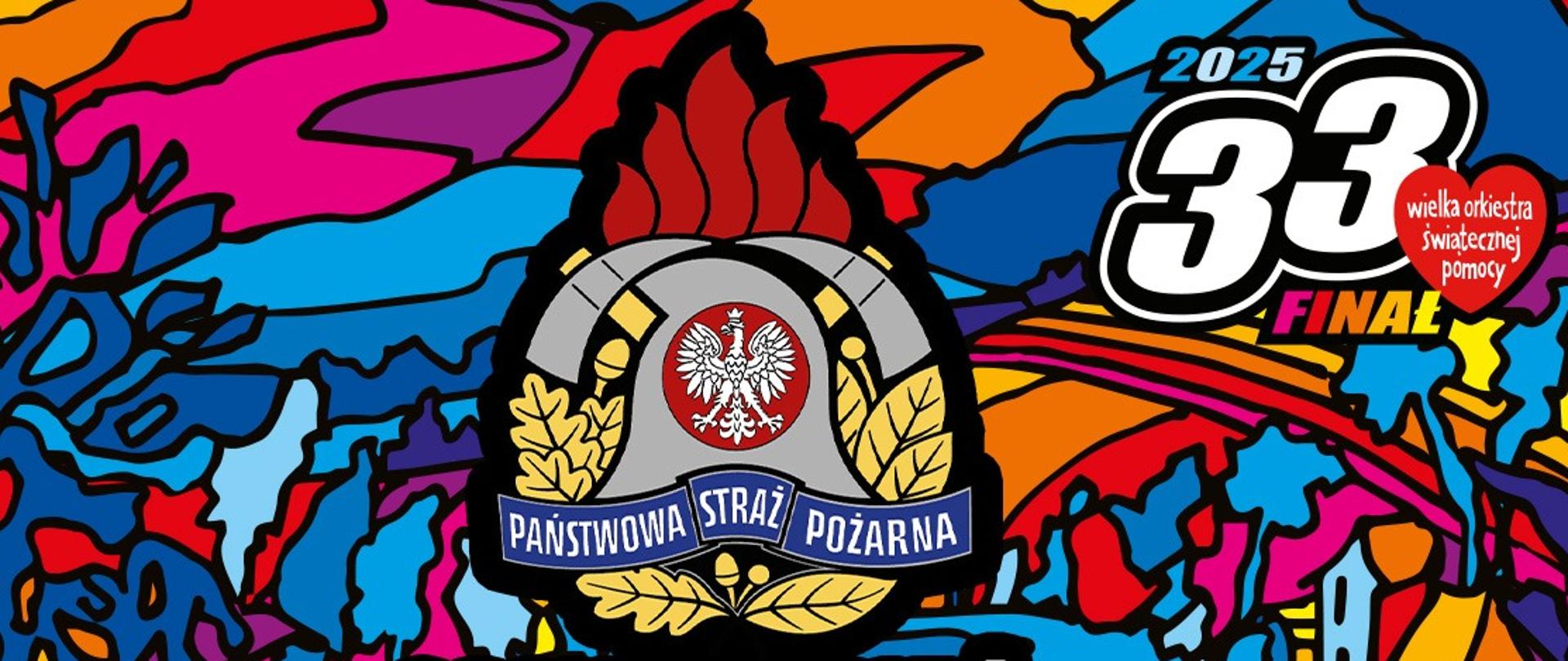 Logo Państwowej Straży Pożarnej na banerze Wielkiej Orkiestry Świątecznej Pomocy