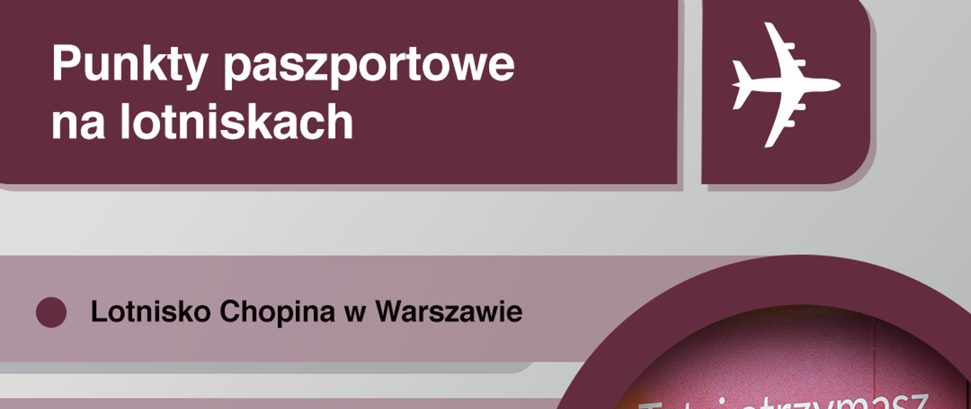 Lokalizacje punktów paszportowych na lotniskach - grafika informacyjna: Lotnisko Chopina w Warszawie; Lotnisko Kraków-Balice; Lotnisko im. Lecha Wałęsy w Gdańsku; Lotnisko Katowice-Pyrzowice.