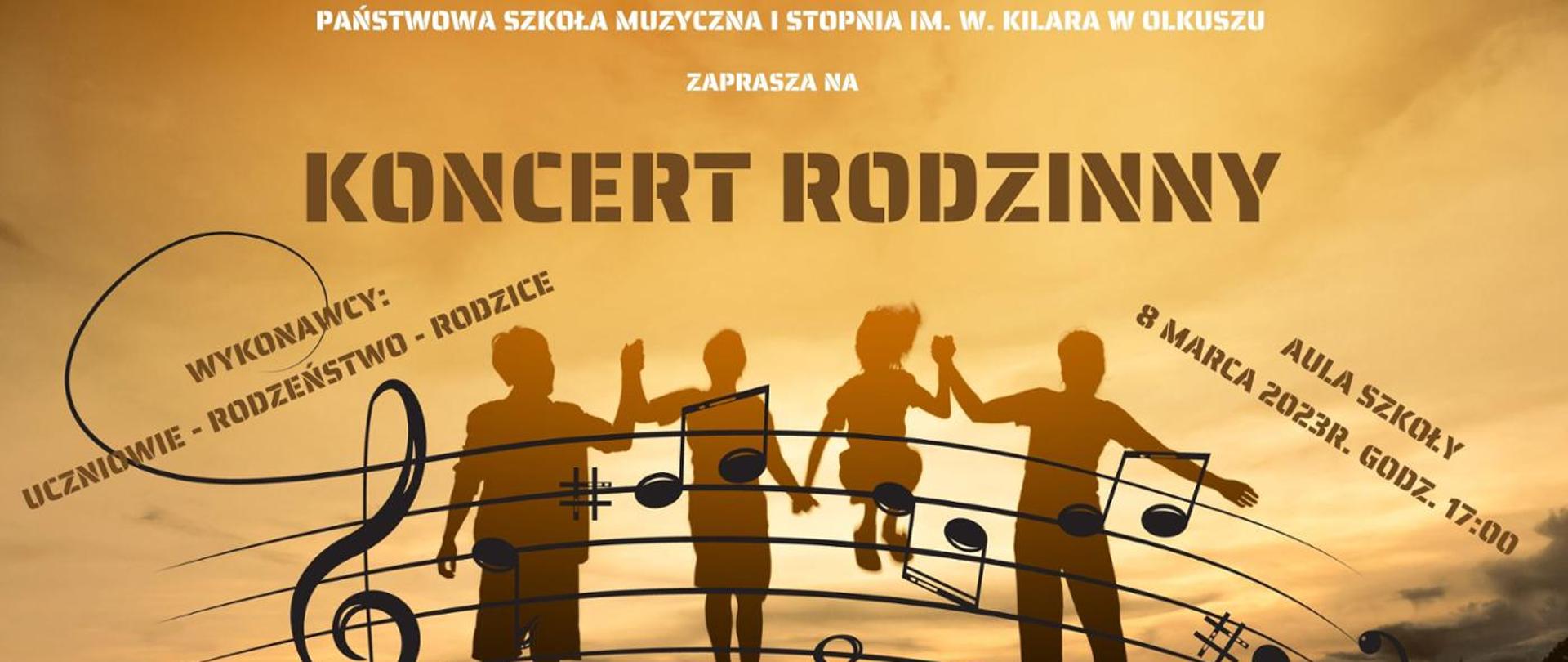 tło w kolorze żółtym , pięciolinia z nutami i kluczem wiolinowym, cienie rodziny stojącej na tle pięciolini, napisy "koncert rodzinny" w kolorach brązowym